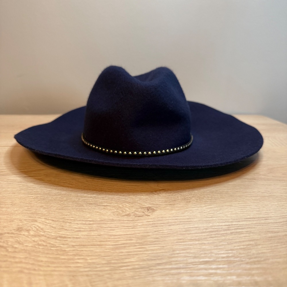 Navy Blue 100% Wool Wide Brim Fedora Hat Studded Band Boho Q2/16 F00005023